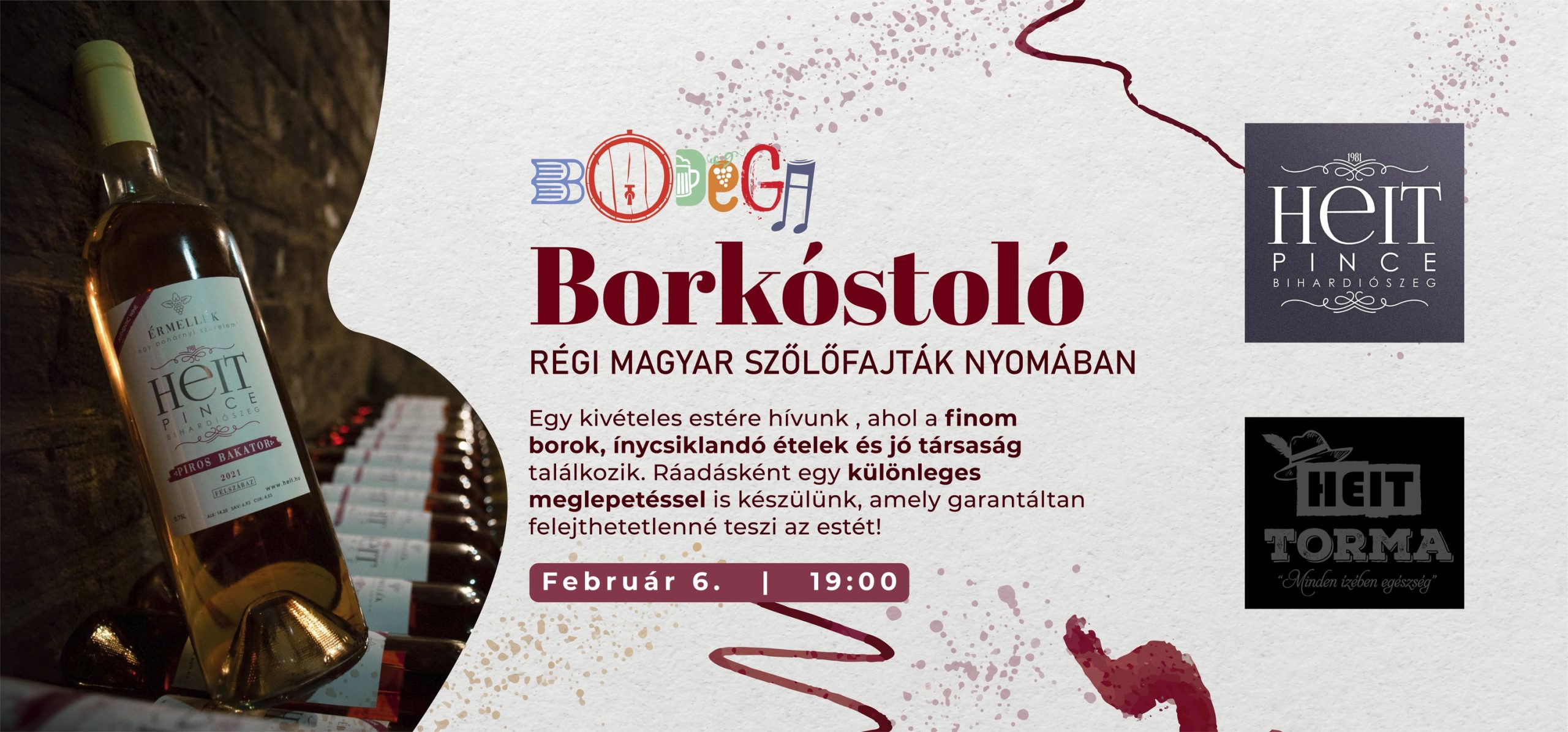 Wine tasting event at Bodega featuring traditional Hungarian grape varieties with HEIT Pince wines and rustic wine setup